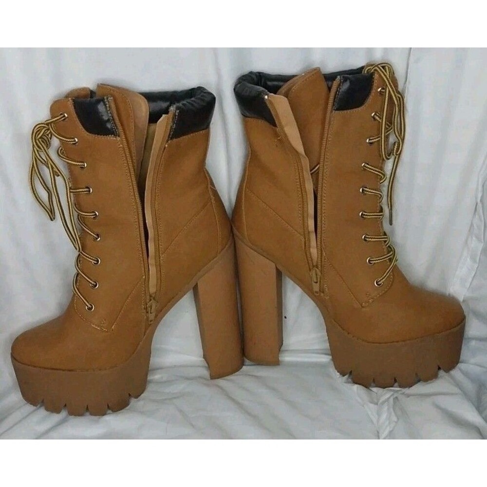Bumper Women's Platform Lace-Up Boots Size 8.5 Rocker Style-Tan - Picture 2 of 6